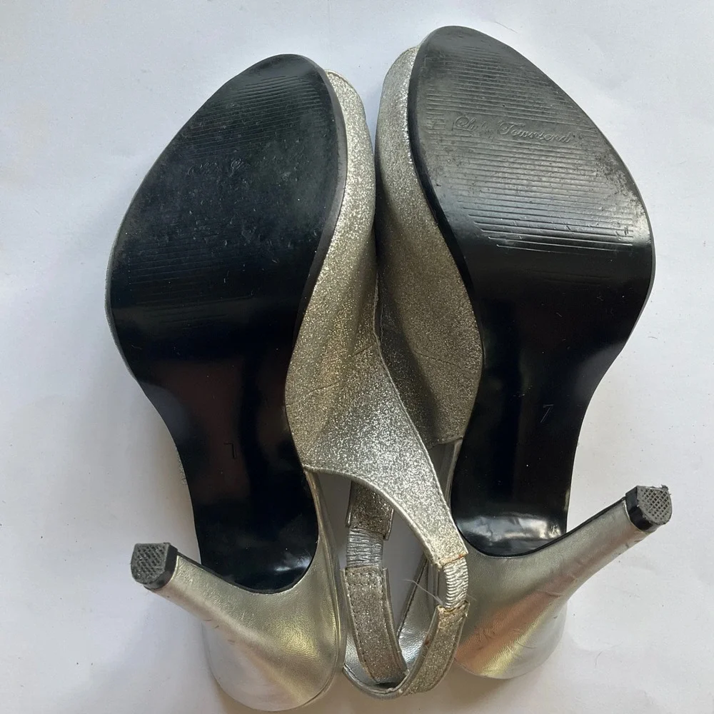 Lulu‎ Townsend Silver Glitter Peep Toe Slingback Platform Pumps Heels Stiletto 7